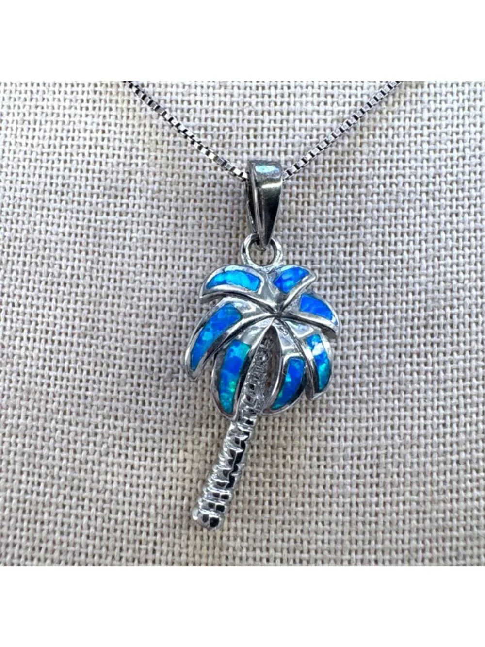 Blue Opal Palm Tree Pendant Necklace Sterling Silver 925 Size 15.5